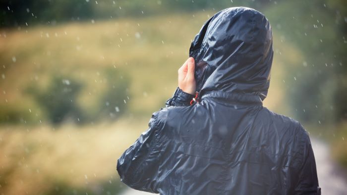 Student in rain jacket