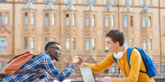 International students greeting each other