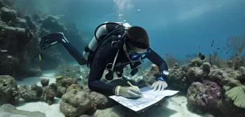 Marine biologist in scuba suit in water